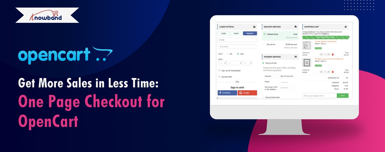 Illustration of key benefits offered by the OpenCart One Page Checkout Extension, including simplified checkout, guest login, mobile-friendly design, and faster performance.