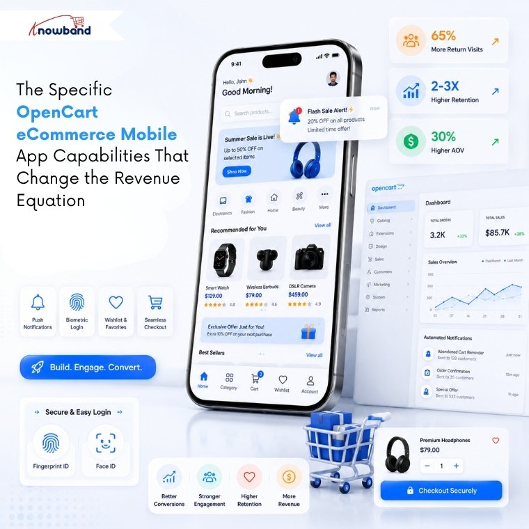 OpenCart mobile app capabilities including push notifications, biometric login, abandoned cart reminders, and one-tap checkout.