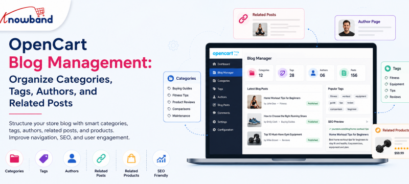 OpenCart Blog Extension for organizing categories, tags, authors, and related posts