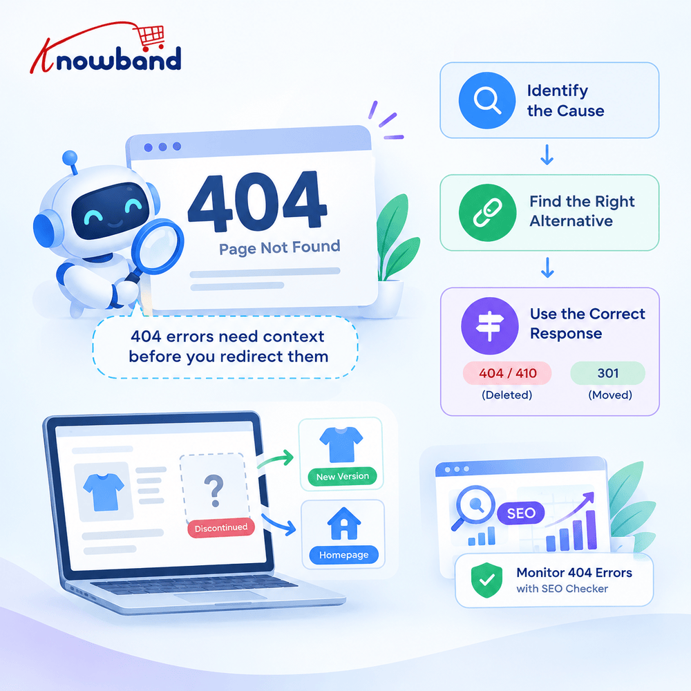 Knowband OpenCart SEO checker infographic showing 404 error monitoring, 301 redirects for moved pages, and 404 or 410 responses for deleted pages.